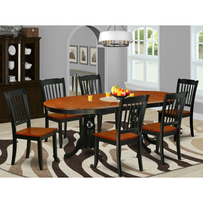 7 Piece Dining Set Consist of an Oval Dining Room Table with Butterfly Leaf and 6 Wood Seat Chairs, 42x78 Inch, Black & Cherry