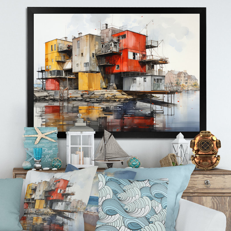 Port Urban Waterfront sur toile, H 24 po x l 32 po x P 1 po, Cadre photo noir