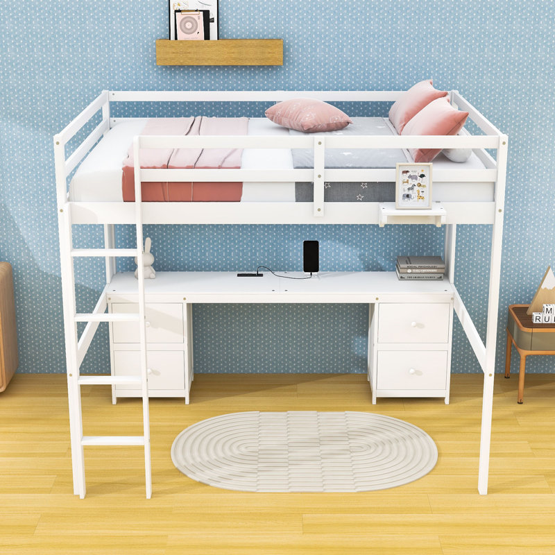 Lit mezzanine double avec bureau, station de charge, plateau de chevet, tiroirs et compartiment de rangement, Blanc