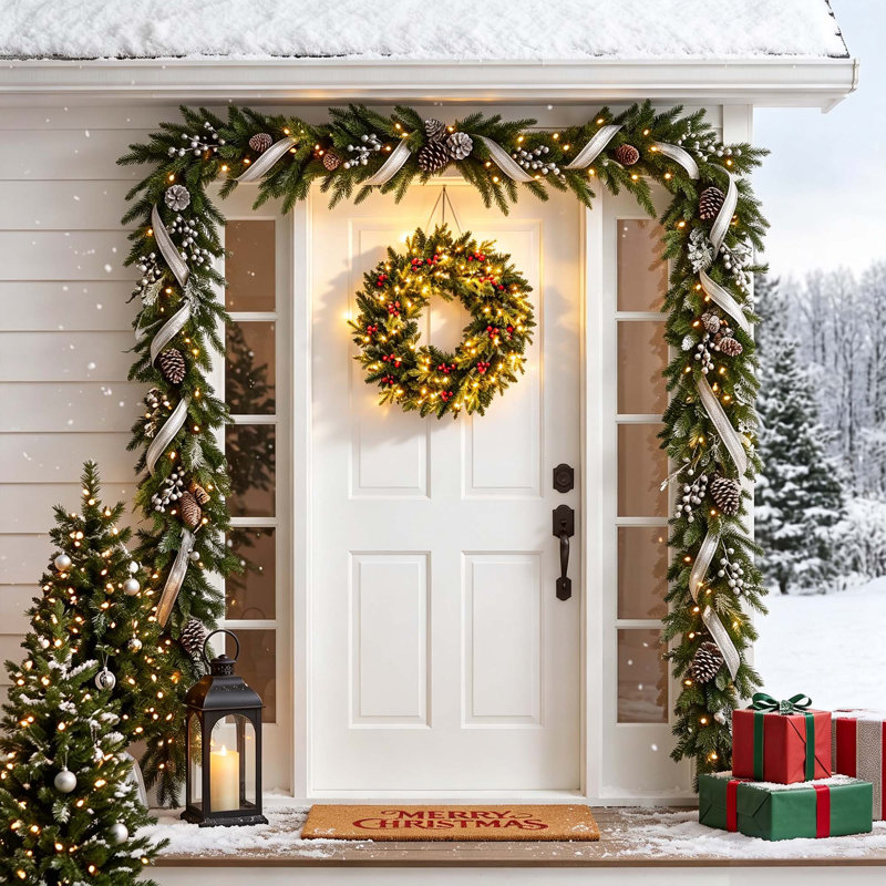 Pinecone & Berry 24" Pre-Lit Christmas Wreath for Front Door, Wall, or Mante
