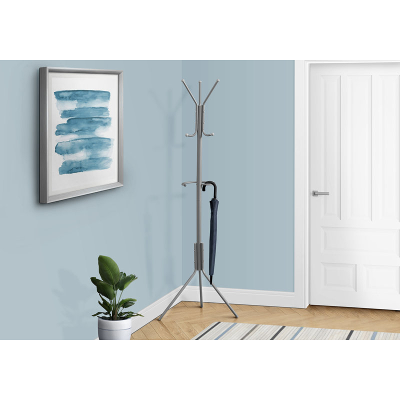 Coat Rack, Hall Tree, Free Standing, Hanging Bar, 6 Hooks, Entryway, 68"H, Bedroom, Metal, Silver