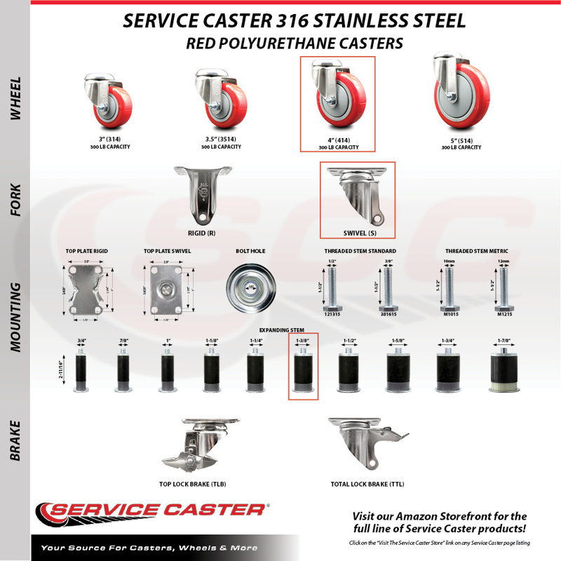 316SS Polyurethane Swivel 1- Expanding Stem Caster Set SCC, Red