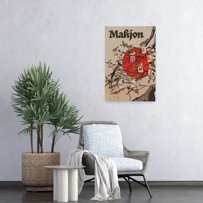 Mahjong Red Sun Birds Traditional Abstract Contemporary Bird Autumn Forest Wall Art Print, 60.96cm H x 40.64cm W