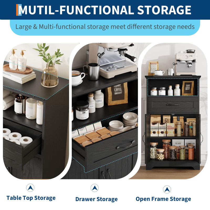 Farmhouse Bathroom Cabinet with Doors and Drawers, Freestanding Bathroom Cabinet for Kitchen, Living Room, Black