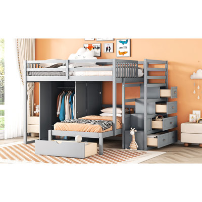 Élégant lit superposé gris avec tiroirs et garde-robe intégrés - Ajoutez du style à la chambre à coucher double au-dessus d'un lit simple gris. Pour optimiser l'espace. Saver. L 97,9 po x l 80 po x H 64,6 po. Bois massif. Capacité de poids élevée