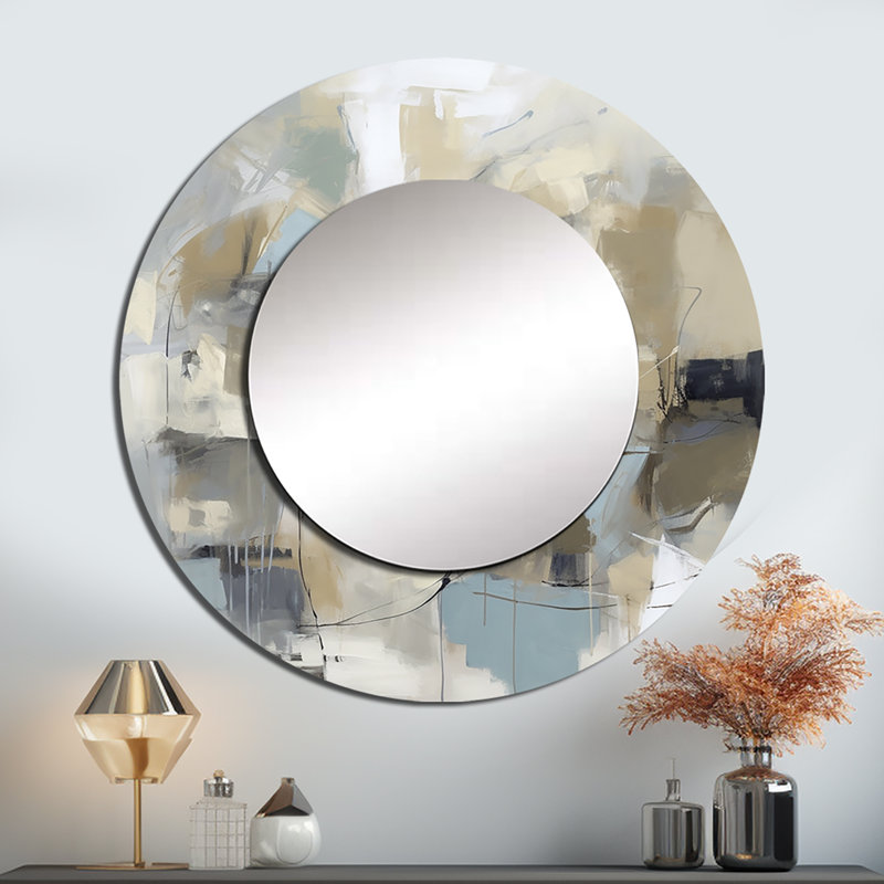 Prebor Beige And Grey Unbounded Creativity I - Abstract Painting Mirror, Beige Round Unique Wall Mirror, Printed Metal Art