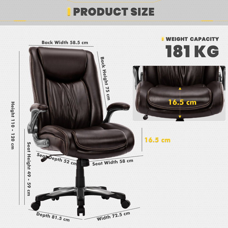 181kg Capacity  Ergonomic PU Leather Office Chair, Adjustable Lumbar Support & Flip-Up Arms, Brown