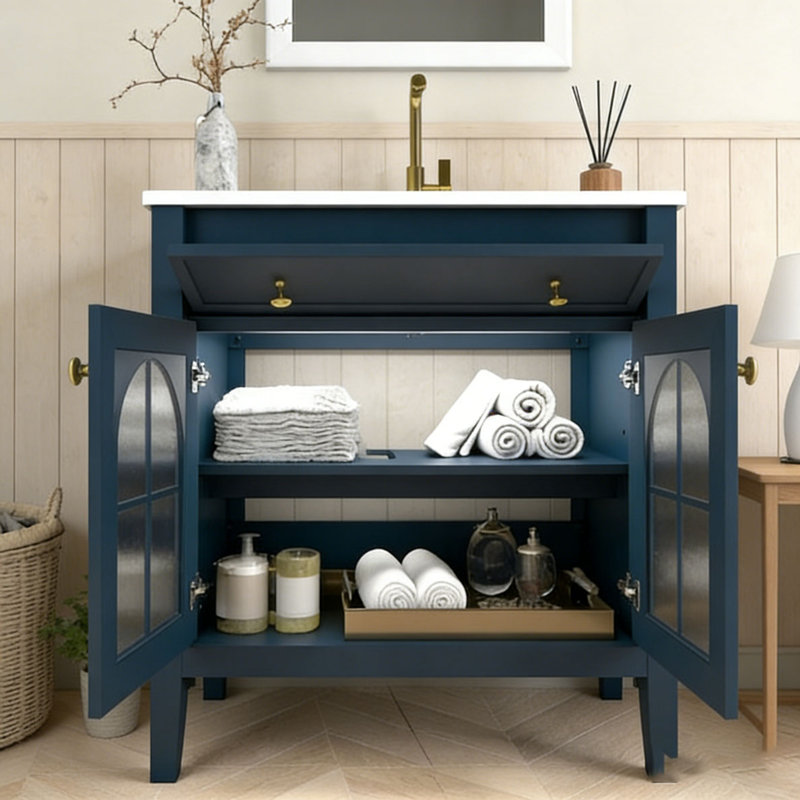 Armoire de salle de bain 35,6 po, Bleu + lavabo + 2 portes