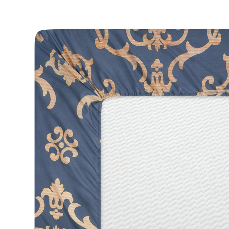 Full Navy Blue and Gold Damask Rayon Duvet Cover Set