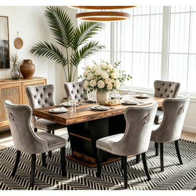 Extendable Dining Table Set, 63"-78.7" Expandable Rustic Kitchen Table with Black Storage Base, Dining Room Table and Tufted Velvet Dining Chairs Set