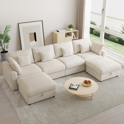 Canapé d'angle modulaire moderne en chenille de 141 pouces avec 2 poufs de rangement