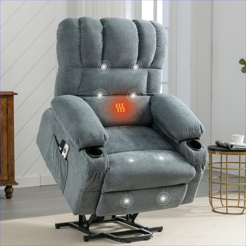 Pour la détente chez les personnes âgées, le fauteuil inclinable de massage FlowLuxe Power Lift, bleu riche, avec chauffage et charge USB