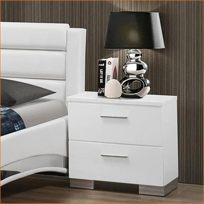 Contemporary High Gloss White Wooden Nightstand with 2 Drawers