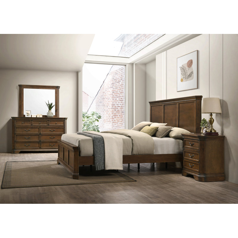 Lit à panneau en bois traditionnel avec commode, miroir, table de chevet, très grand, Très grand lit 
