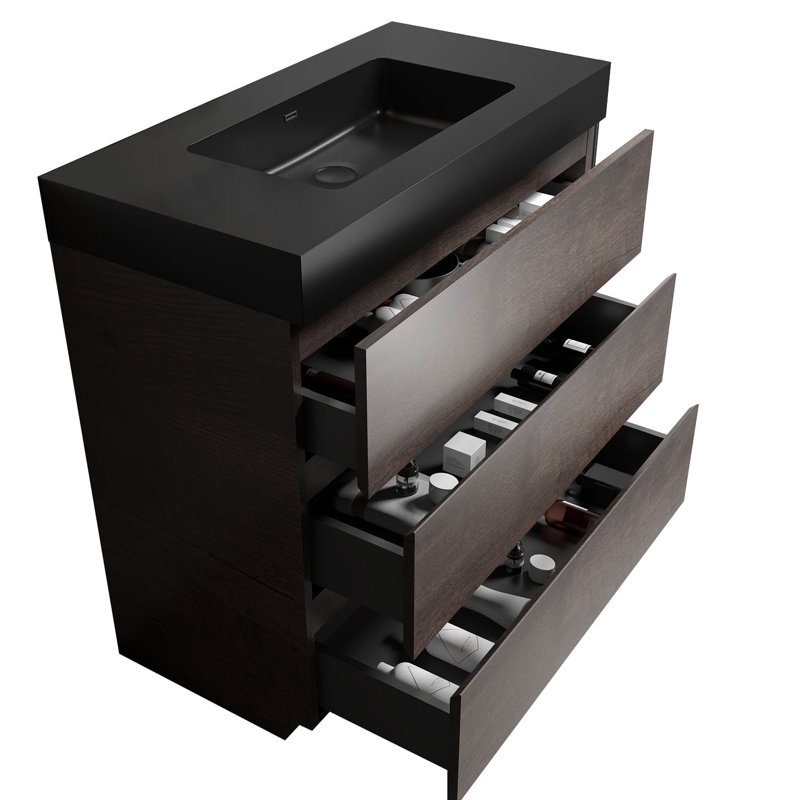Meuble-lavabo moderne - noyer 36 po, noyer silencieux avec lavabo, Walnut, 36", Black