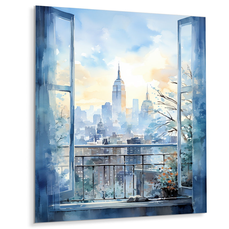 Art mural en métal rétro bleu New York Window View III - New York City, H 32 po x l 16 po x P 1 po