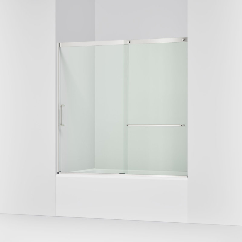 Elate Sliding Bath Door, 56-3/4-In H X 56-1/4 - 59-5/8-In W With Heavy 5/16-In Thick Crystal Clear Glass, Silver