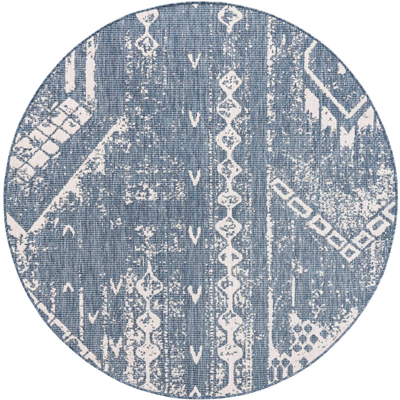Bonnetta Geometric Machine Woven Polypropylene Indoor / Outdoor Area Rug in Blue/Ivory, Round 6'