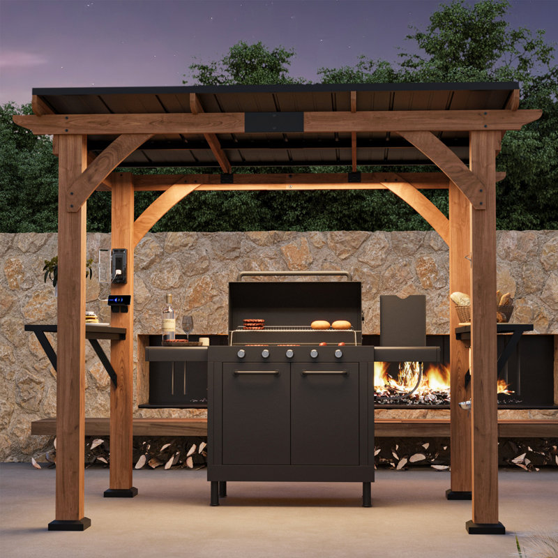 Beverly 6Ft X 8Ft Premium Cedar Wood Slope Hard Top Grill Pavillian Gazebo With Charging Station And Accessory Organizer