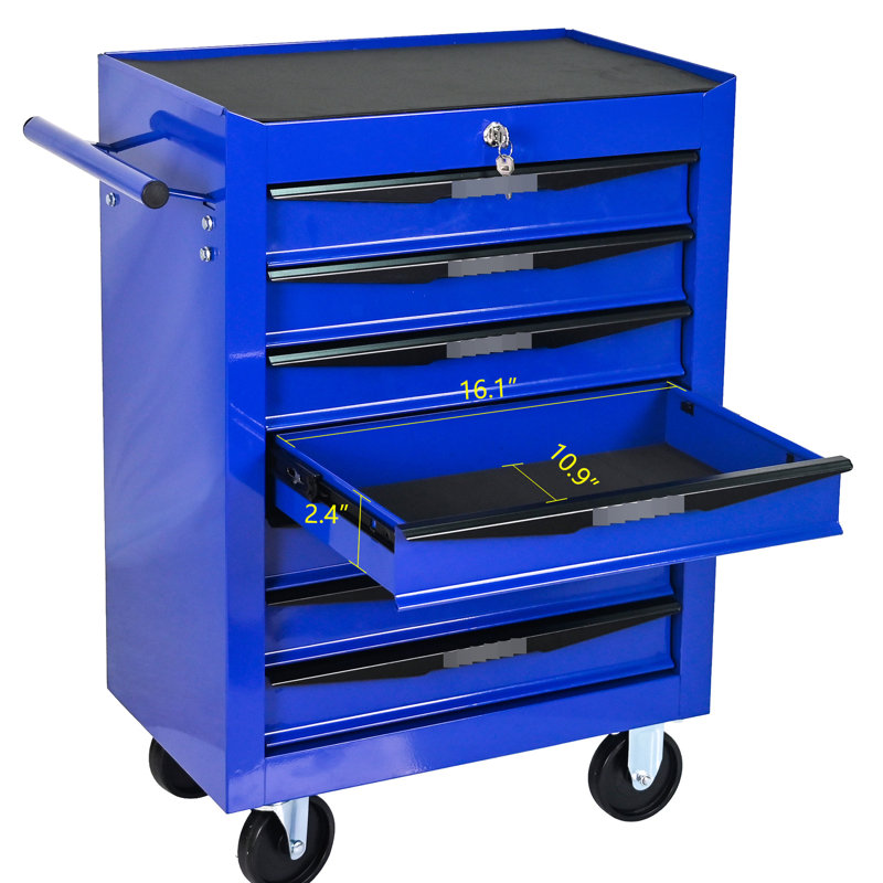 Coffre à outils 20 po 7 po, chariot roulant en acier avec glissières de tiroir à roulement, noir et bleu, verrouillage par clé, 4 roulettes universelles pour le garage, atelier de fabrication en métal, fonction de verrouillage