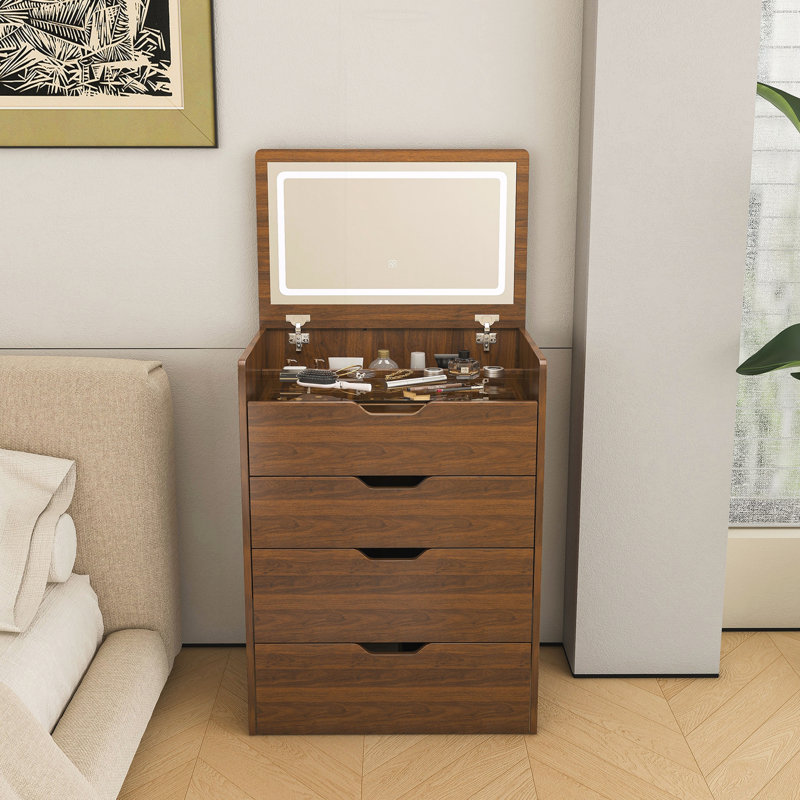 Bureau de coiffeuse 3 en 1 avec miroir éclairé et tabouret, coiffeuse à plateau rabattable, Walnut/Black
