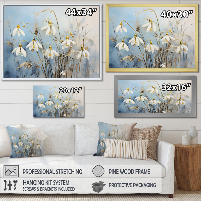«Blue and Gold Snowdrop Flower Simplicity» sur impression sur toile, H 34 po x l 44 po x P 1,5 po, Cadre flottant noir