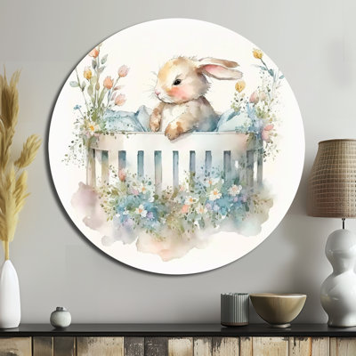 Baby Bunny In Crib With Flowers II - Animals Round Metal Art