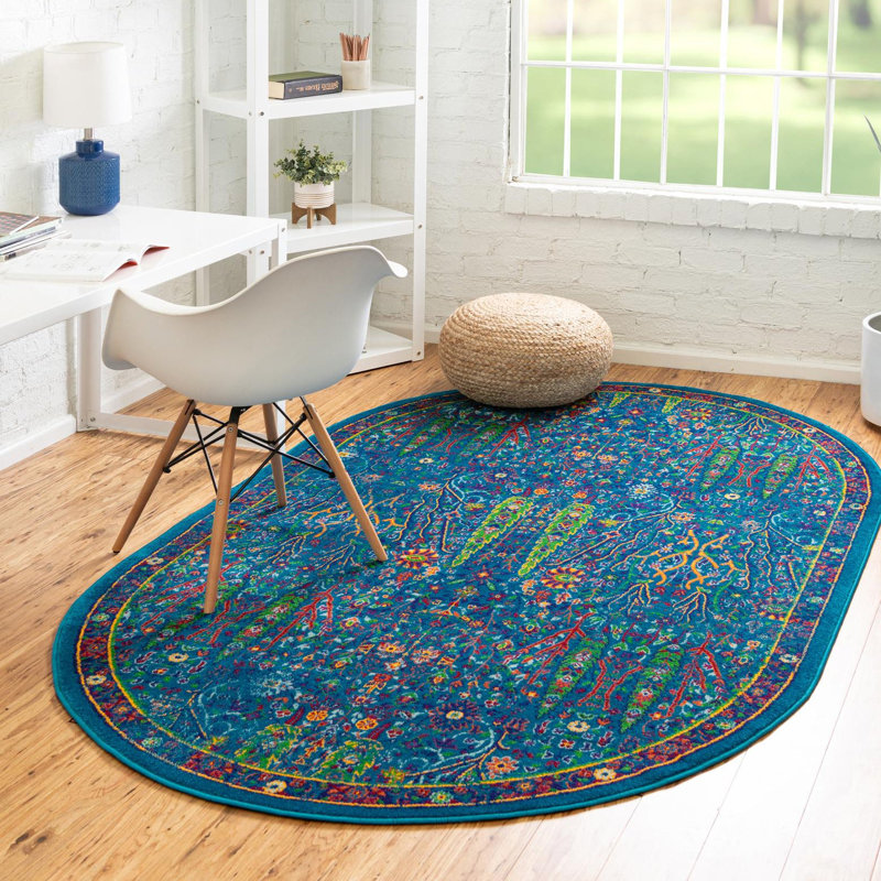 Tapis rond bleu marine en polypropylène tissé à la machine, Ovale 5 pi 3 po x 8 pi