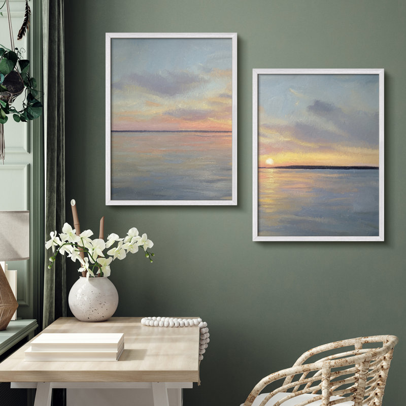 Ensemble 2 pièces d'art mural Sunrise Over Water, H 14 po x l 11 po, Blanc