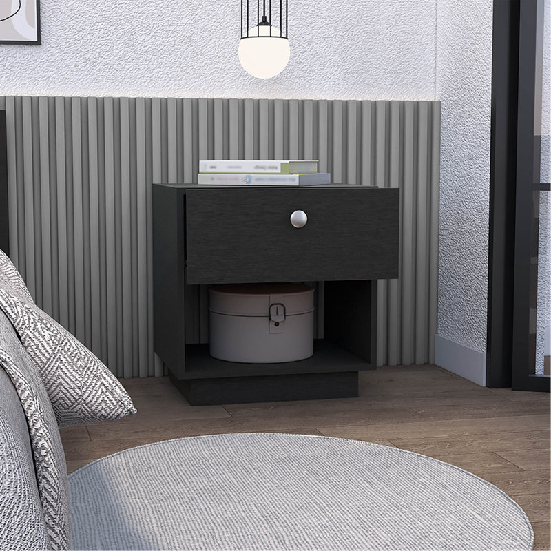 Paris 1 Drawer Nightstand, Open Lower Shelf, Black