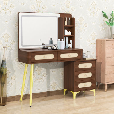 Coiffeuse de maquillage avec miroir, lumières, 5 tiroirs et tablette de rangement