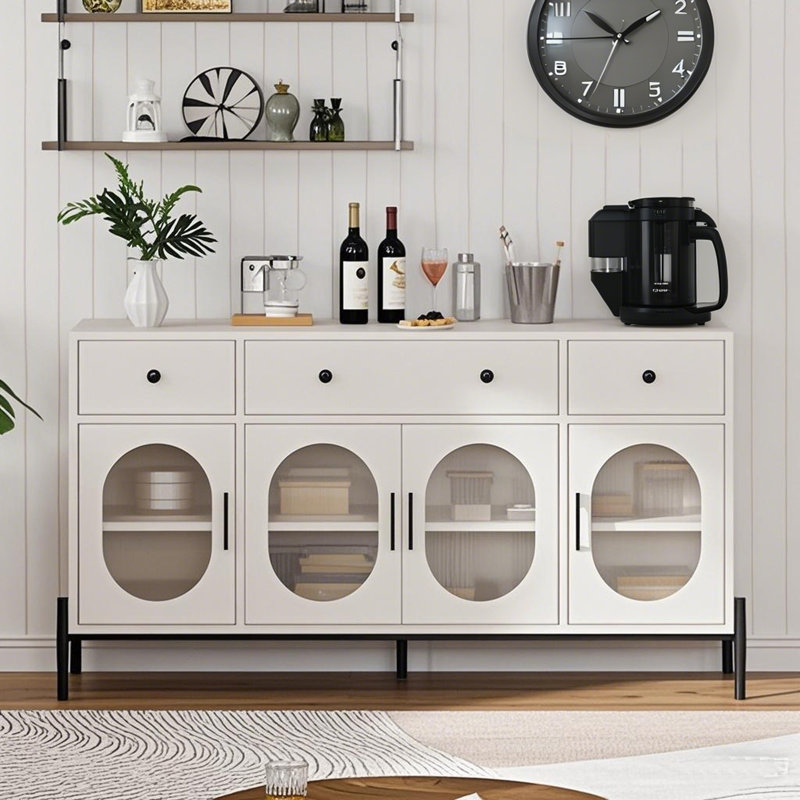 62'' Buffet Cabinet With Storage,Coffee Bar Cabinet With 3 Drawers And 4 Fluted Glass Doors,Large Sideboard Cabinet For Home,Kitchen,Dining Room