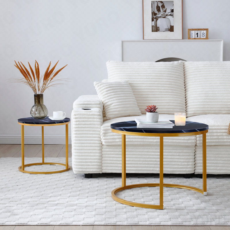 Ensemble de 2 tables basses gigognes à plateau noir avec cadre doré, rondes et tables en bois à motif de marbre, salon, chambre à coucher, appartement, table de chevet simple industrielle moderne