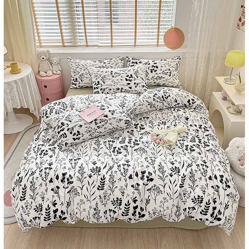 Floral Comforter Set Botanical Flower Bedding Set, California King Comforter + 2 King Pillowcases, White Black Floral