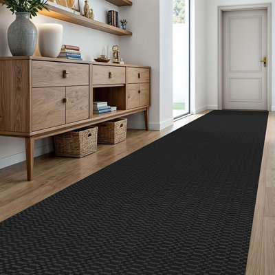 Tapis de couloir en coton tressé noir et gris - envers en caoutchouc lavable antidérapant, motif damier pour les couloirs, les cuisines et les vestibules