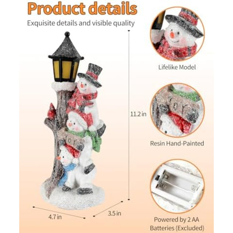 Figurine de bonhomme de neige illuminée empilée avec lanterne de lampadaire - décorations de Noël cardinales en résine 11,2 po d'intérieur - idée de cadeau de Noël unique (Joy Trio)