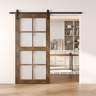 Homacer Dark Walnut 42in x 80in 8-Lite Glass Design Unassembled & Finished Barn Door, interior use only