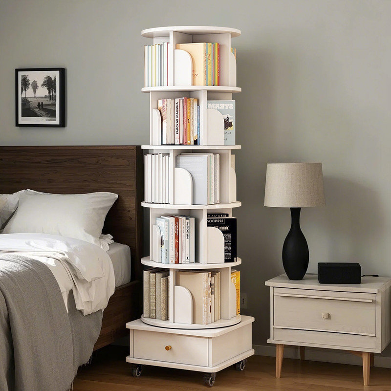 6-Tier 360° Rotating Bookshelf Tower with Storage Drawer and Lockable Wheels, White