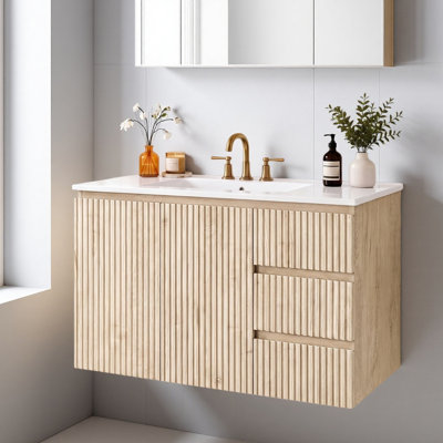 Meuble-lavabo mural 36 po avec lavabo en céramique, armoire en panneau de fibres à densité moyenne + 2 portes, 3 tiroirs, charnières à fermeture en douceur et glissières de tiroir, poignées cachées