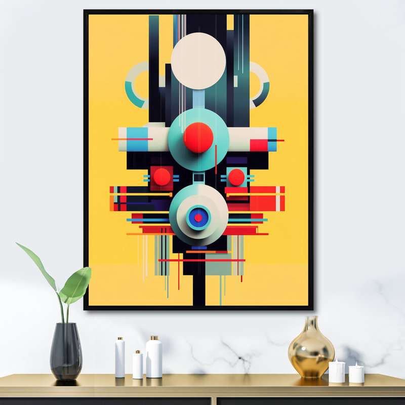 Minimal Retro géométrie sur jaune - impression sur toile géométrique moderne, Cadre flottant noir