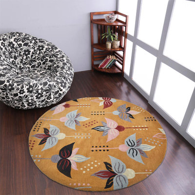 Tapis ronds touffetés à la main écologiques en laine - couleur dorée, motif floral moderne, tapis épais antidérapants faits à la main pour salon, chambre à coucher