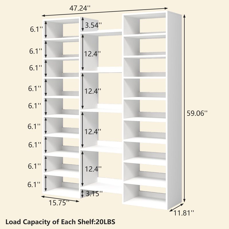 46-Pair White Shoe Rack, 14-Tier Open Cubby Cabinet, 47″ Wide Modern Entryway/Closet/Living Room Organizer, 23 Shelves