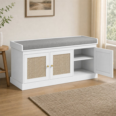 white entryway shoe storage bench with woven rattan door padded seat and adjustable inner shelves