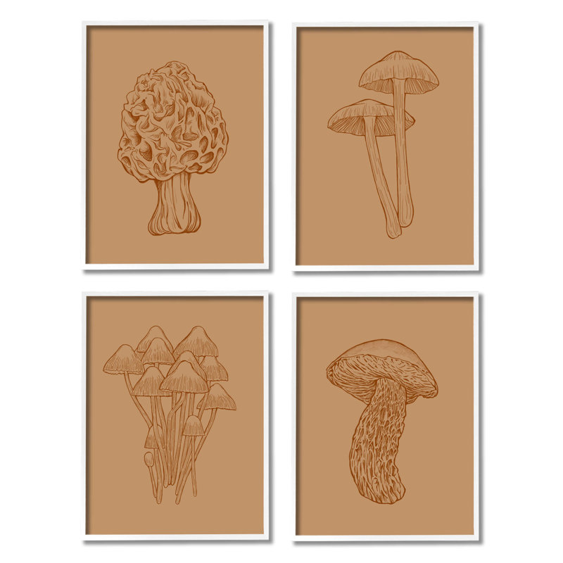 «Rustic Cottage Mushroom Sketches» par Ziwei Li, ensemble de 4 impressions sur bois, H 28 po x l 22 po x P 1,5 po