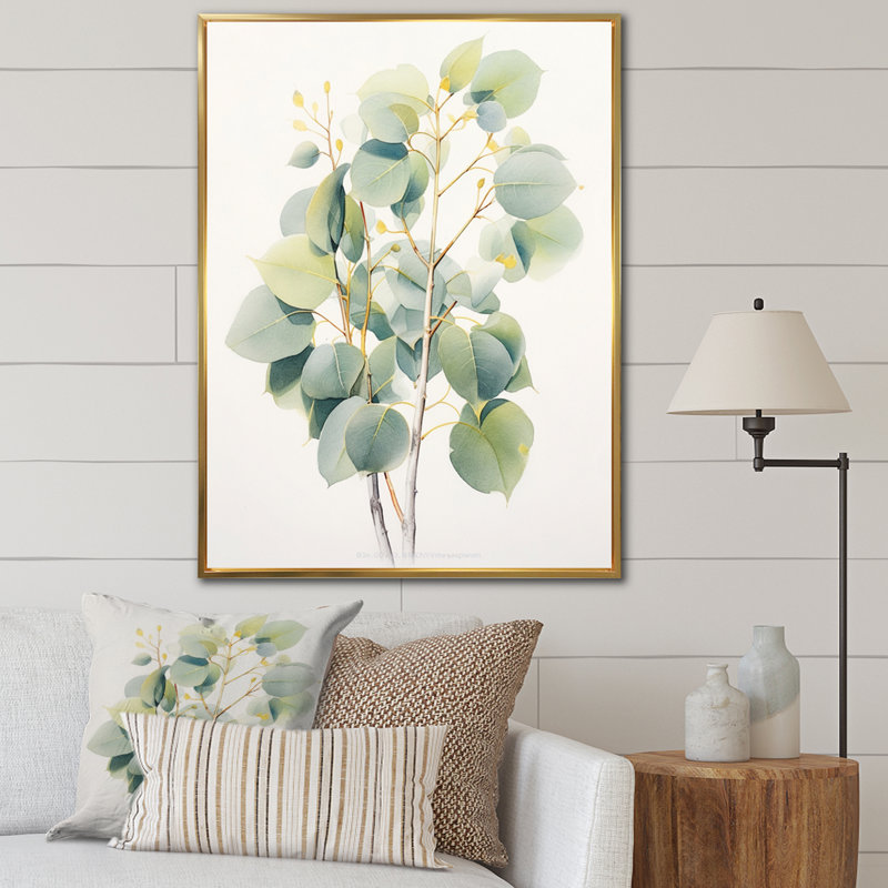 «Green Green Minimalisme Eucalyptus Essence V» sur toile, Cadre flottant doré, H 32 po x l 24 po x P 1,5 po