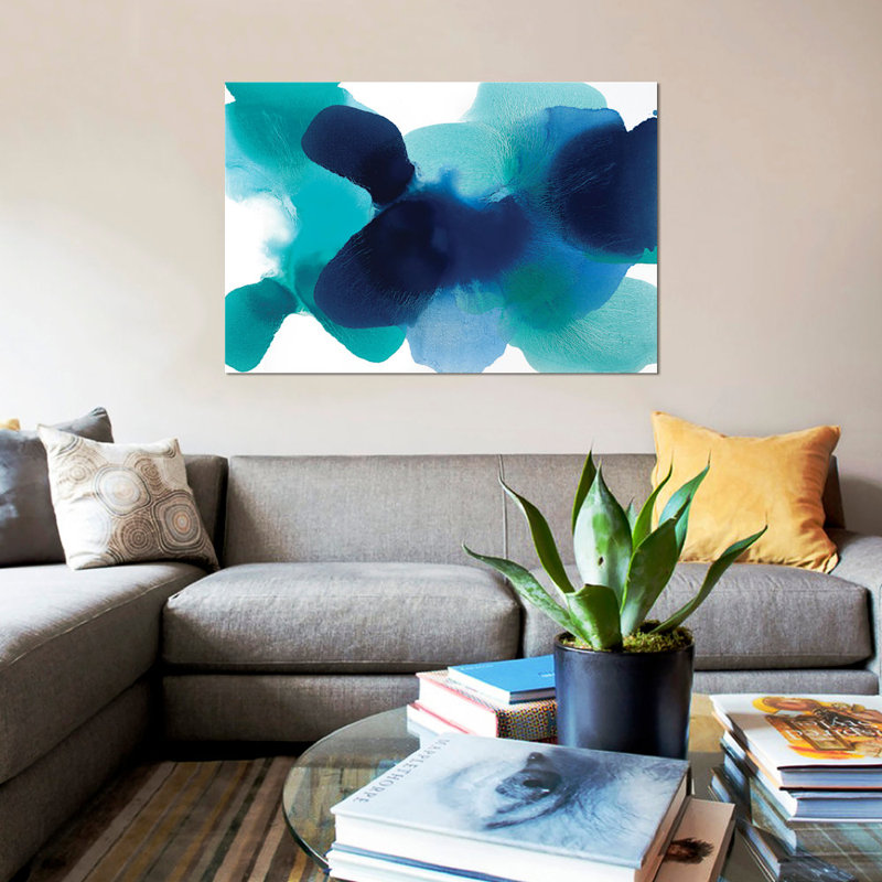 « free form blues », impression sur toile, H 26 po x l 40 po x P 1,5 po, Toile tendue, Pas de tapis