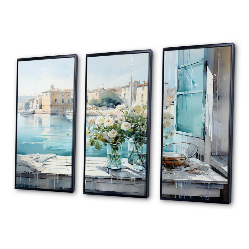 «Blue Window Beachfront View Blooms II - Coastal Windows», art mural, H 28 po x l 36 po x P 1 po, Cadre flottant noir