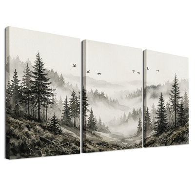 Ensemble de 3 toiles murales « Oiseaux volants au-dessus d'une forêt de pins brumeuse »