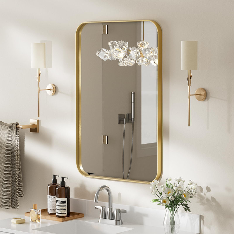 Cozy Design Tempered Glass Framed Wall-Mounted Bathroom Vanity Mirror, 30" x 22", Gold, Rectangle