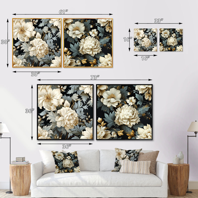 Urban Victorian Splendor - motif victorien à motif floral carré - ensemble de 2, Cadre flottant doré, H 16 po x l 33 po